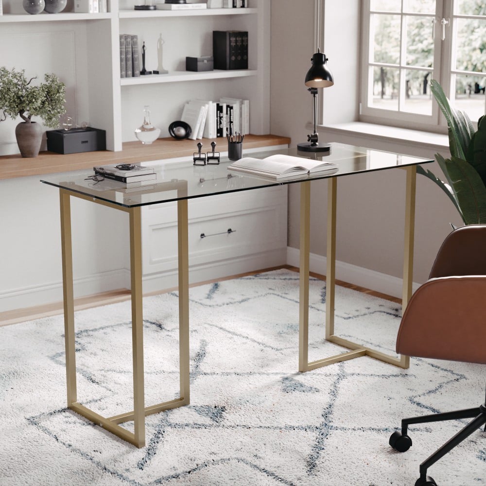 Martha Stewart Eli 47.25inW Home Office Glass Top Computer Desk With Metal Frame, Clear/Polished Brass MPN:XUDK1GLD