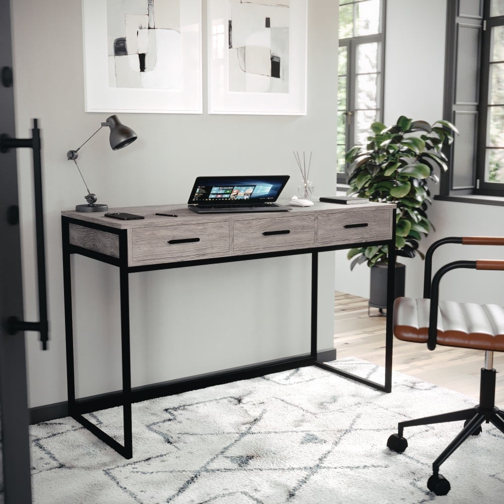 Martha Stewart Ollie Home 47-1/4inW Office Computer Desk With 3 Drawers, Gray/Oil Rubbed Bronze MPN:ZGZP028GYBK