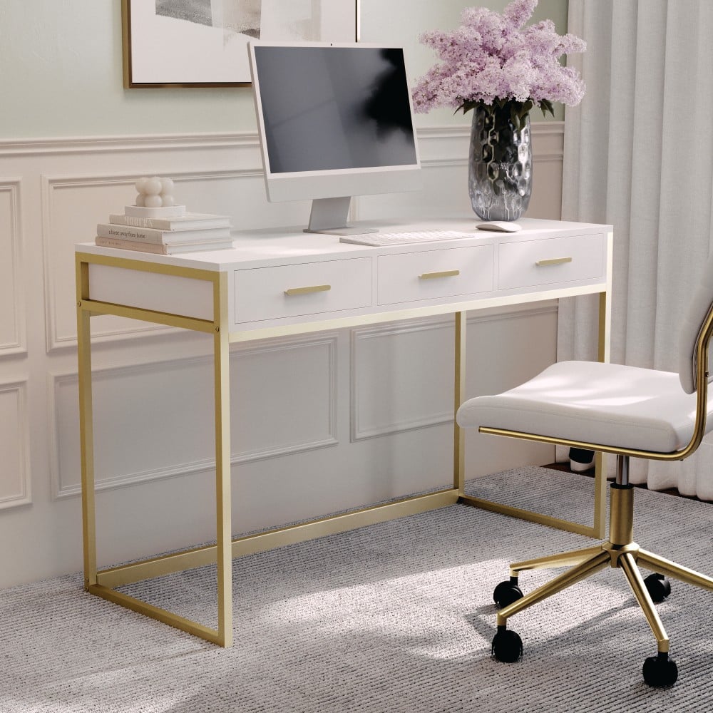 Martha Stewart Ollie 47-1/4inW Home Office Computer Desk With 3 Drawers, White/Polished Brass MPN:ZGZP028WHGLD