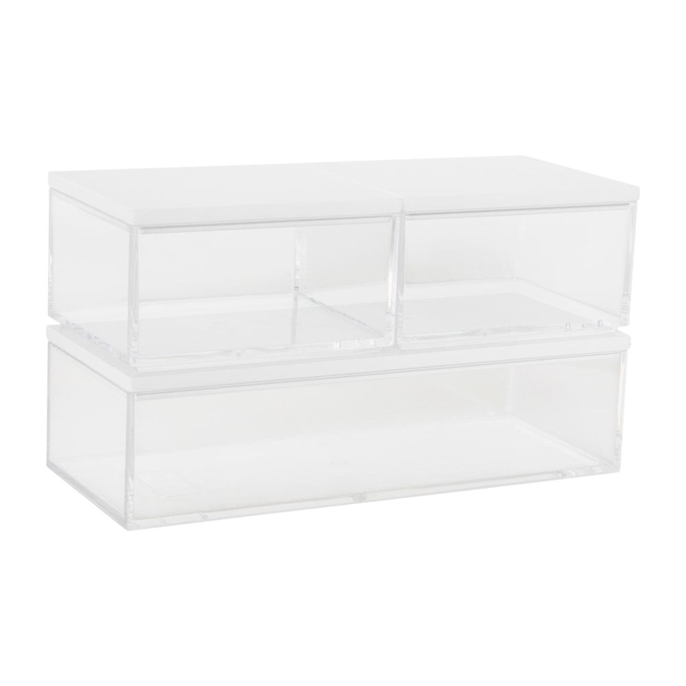 Martha Stewart Brody Plastic Storage Organizer Bins With Lids, 2inH x 3inW x 7-1/2inD, Clear/White, Set Of 3 Bins, BEPB3316WD3CLWH MPN:BEPB3316WD3CLWH