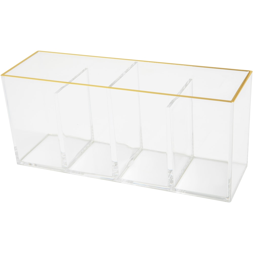 Martha Stewart Kerry Plastic 4-Compartment Pen Holder Office Desktop Organizer, 3-3/4inH x 2-3/4inW x 8-3/4inD, Clear/Gold Trim MPN:BEPB7357GCGD