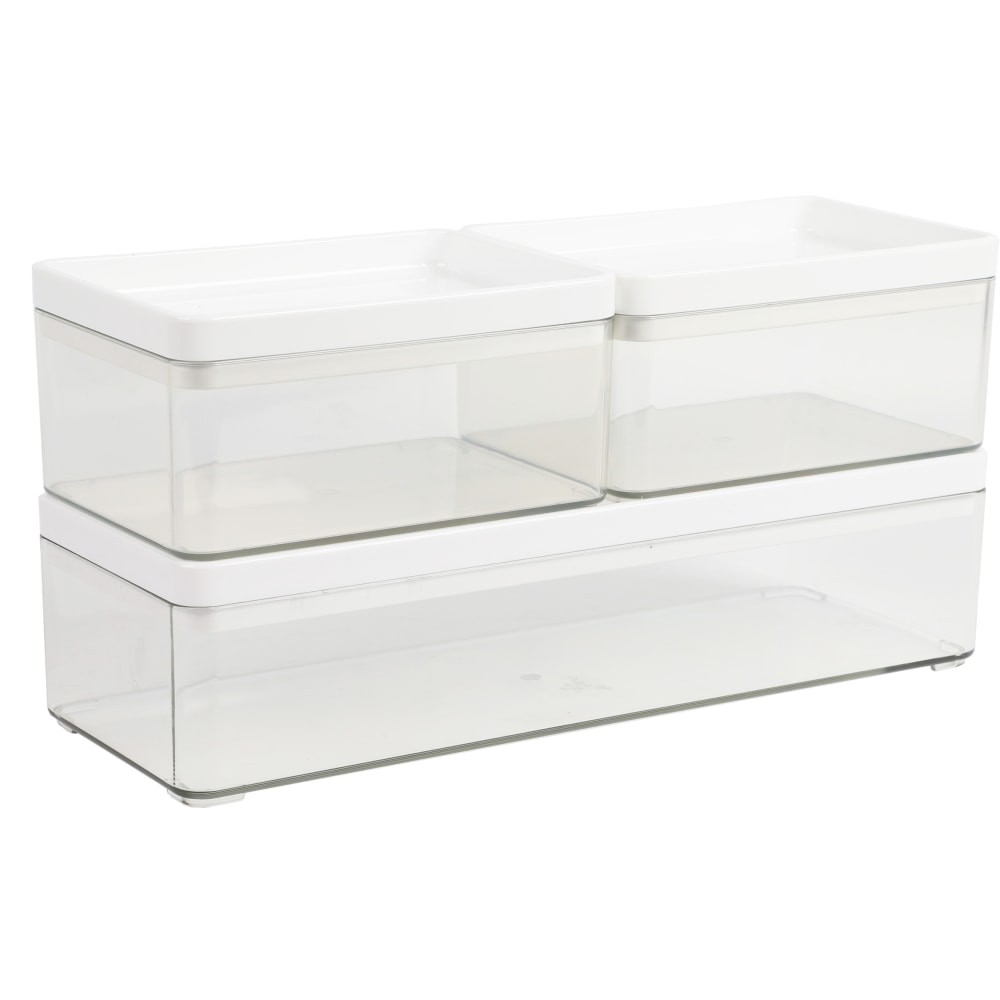 Martha Stewart Grady Stackable Plastic Storage Boxes with Lids, 2-1/2inH x 11inW x 4inD, Clear/White, Set Of 3 Boxes MPN:GSBA13603PCLWH