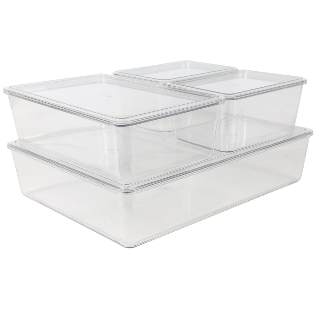 Martha Stewart Brody Stackable Plastic Storage Boxes With Lids, 3-1/4inH x 14inW x 10-1/2inD, Clear, Set Of 4 Boxes MPN:GSBAS4CLR