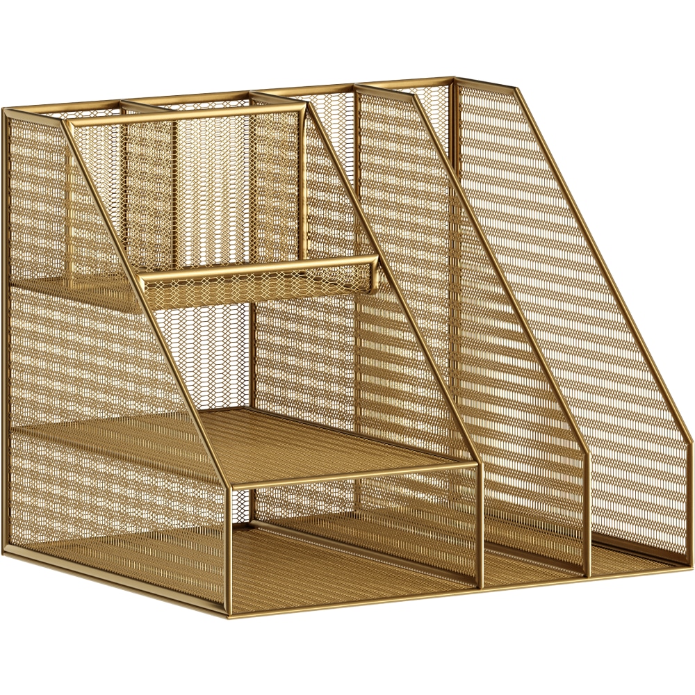 Martha Stewart Ryder Mesh Metal Large Desktop Organizer With Magazine File Holder, Pen Holder And Storage, 10inH x 12-1/2inW x 10inD, Gold MPN:HHOHD03GLD