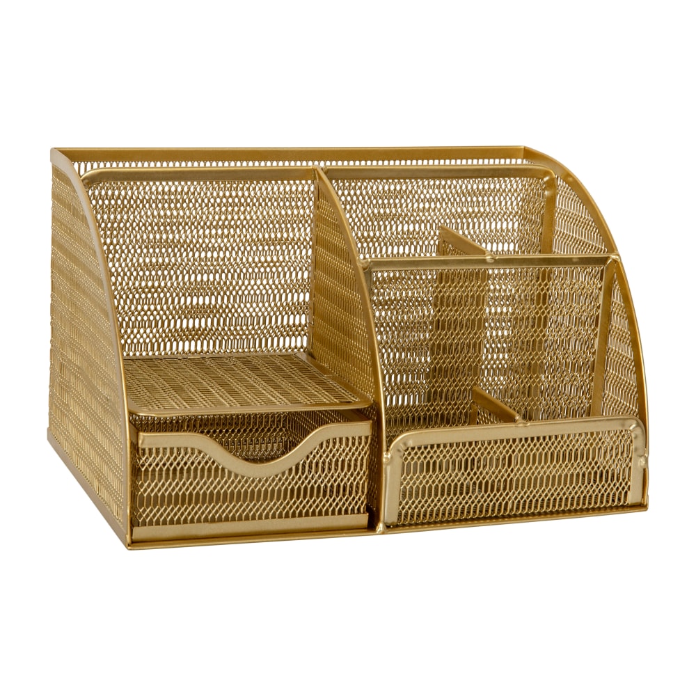 Martha Stewart Ryder Mesh Metal Small Desktop Organizer With Pen Holder And Drawer, 5inH x 8-3/4inW x 5-1/2inD, Gold MPN:HHOHD05GLD