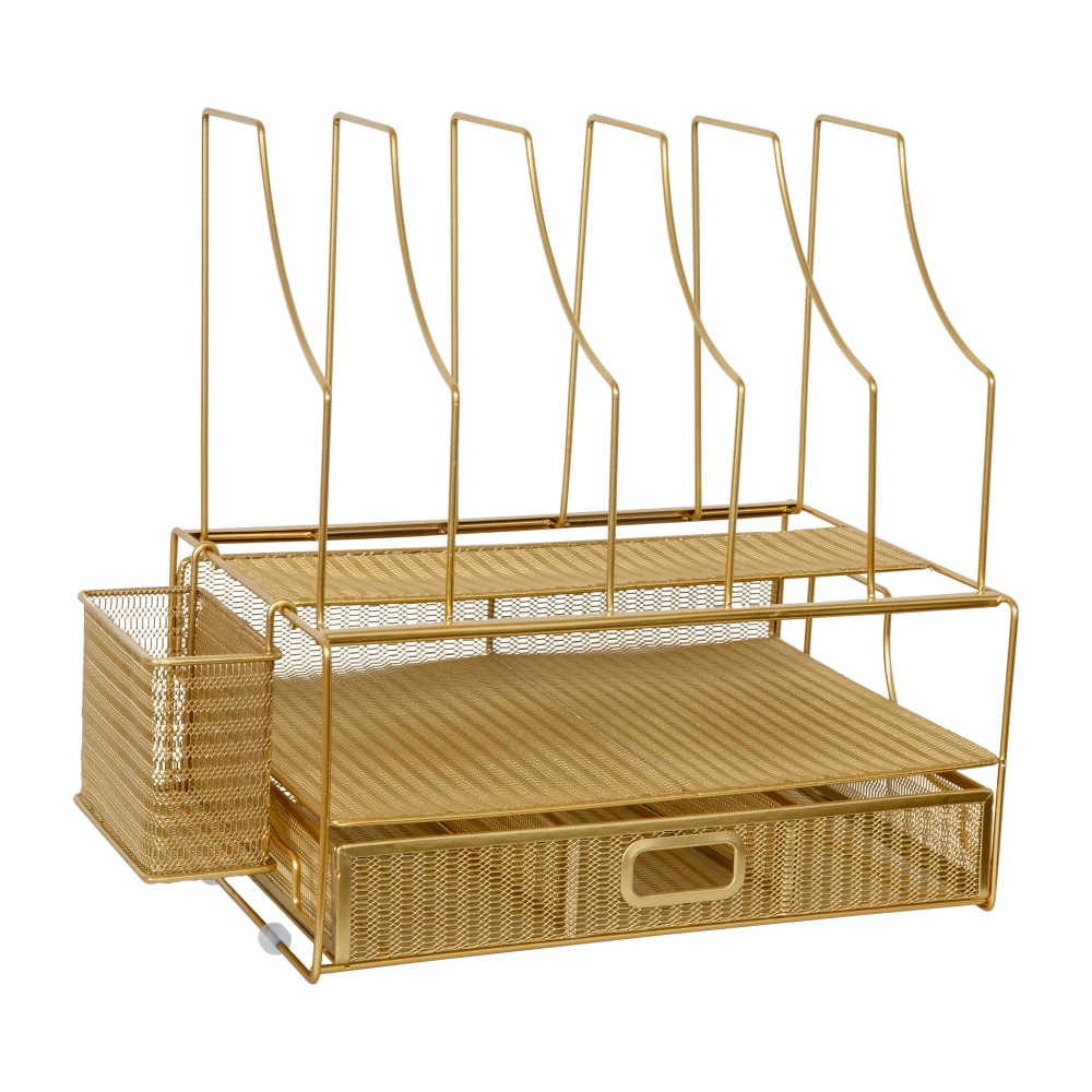 Martha Stewart Ryder Mesh Metal Large Desktop Organizer With Paper File Letter Holder And Drawer, 7inH x 14-3/4inW x 11-1/2inD, Gold MPN:HHOHD19GLD
