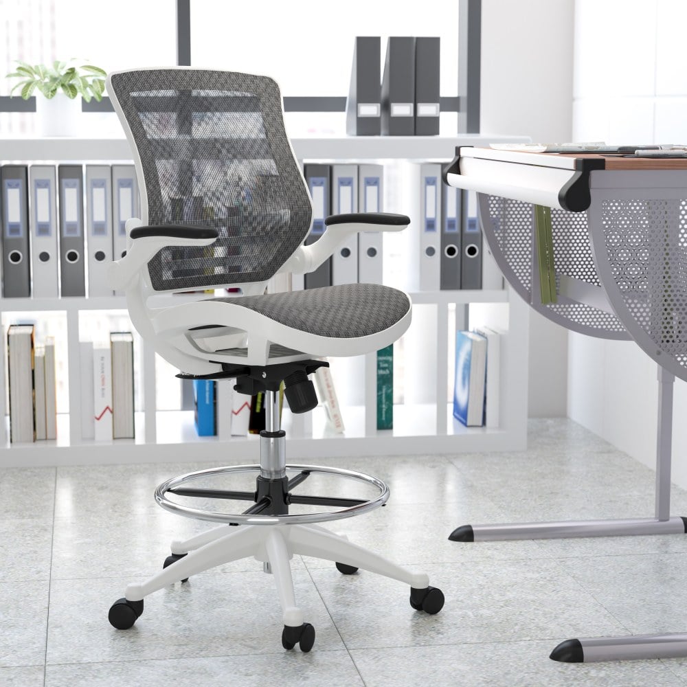 Flash Furniture Mid-Back Transparent Mesh Drafting Chair With Flip-Up Arms, Gray/White MPN:BLLB8801XDGRWH