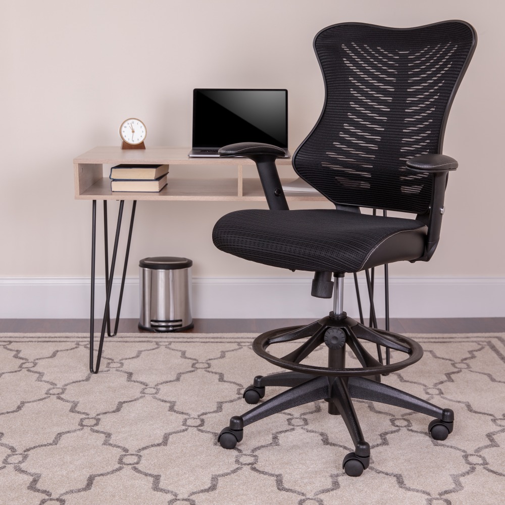 Flash Furniture Designer Mesh High-Back Drafting Chair With LeatherSoft Sides And Adjustable Arms, Black MPN:BLLB8816D