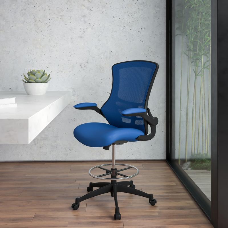 Flash Furniture Mid-Back Mesh Ergonomic Drafting Chair with Adjustable Foot Ring and Flip-Up Arms, Blue MPN:BLX5MDBLUE