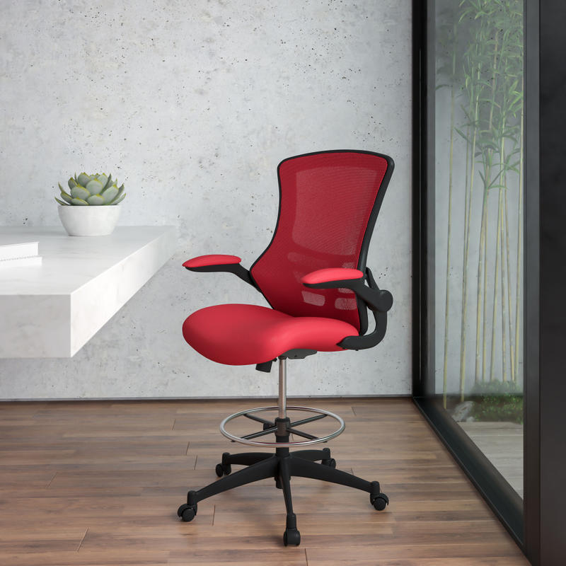 Flash Furniture Mid-Back Mesh Ergonomic Drafting Chair with Adjustable Foot Ring and Flip-Up Arms, Red MPN:BLX5MDRED