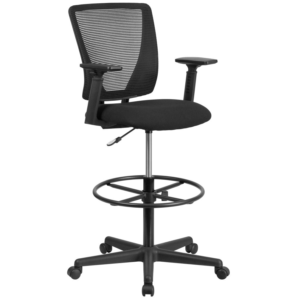 Flash Furniture Ergonomic Mid-Back Mesh Drafting Chair with Fabric Seat, Adjustable Foot Ring and Arms, Black MPN:GO2100A