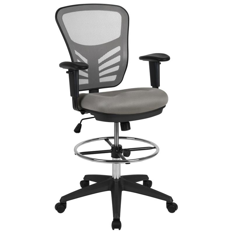 Flash Furniture Mid-Back Mesh Ergonomic Drafting Chair with Adjustable Chrome Foot Ring, Adjustable Arms, Light Gray/Black MPN:HL00011CBKLTGY