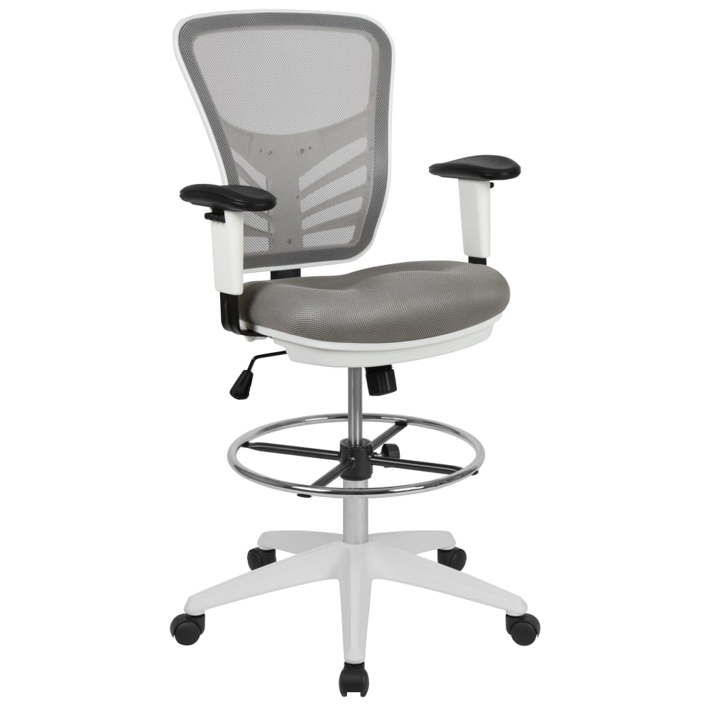 Flash Furniture Mid-Back Mesh Ergonomic Drafting Chair with Adjustable Chrome Foot Ring, Adjustable Arms, Light Gray/White MPN:HL00011CWHLTGY