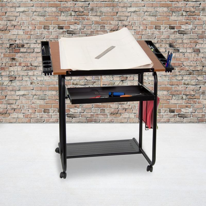 Flash Furniture Adjustable Drawing And Drafting Table, 31-1/4inH x 35-1/4inW x 23-3/4inD, Cherry/Black MPN:NAN-JN-2739-GG