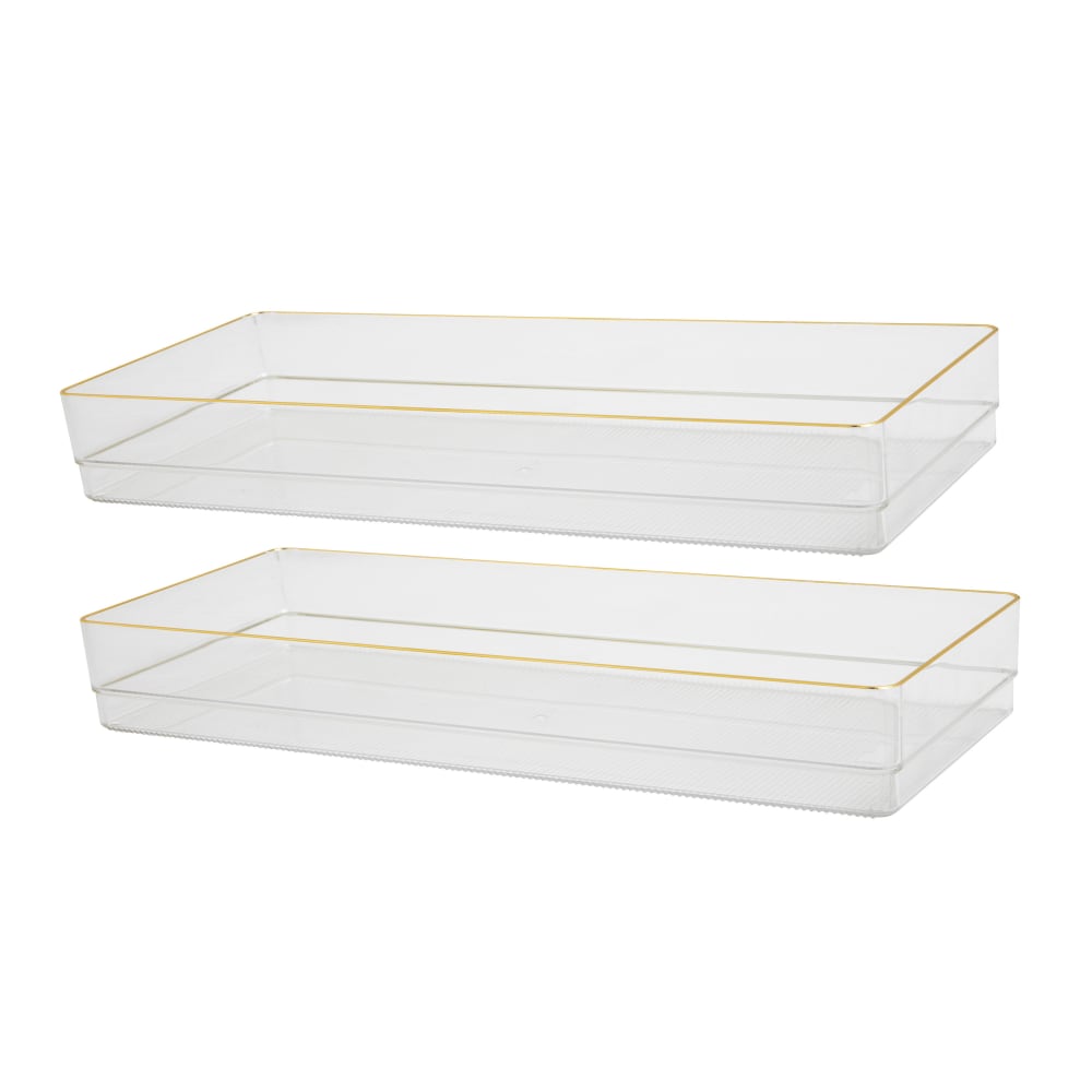 Martha Stewart Kerry Plastic Stackable Office Desk Drawer Organizers, 2inH x 6inW x 15inD, Clear/Gold Trim, Pack Of 2 Organizers MPN:BEPB8972G2CGD