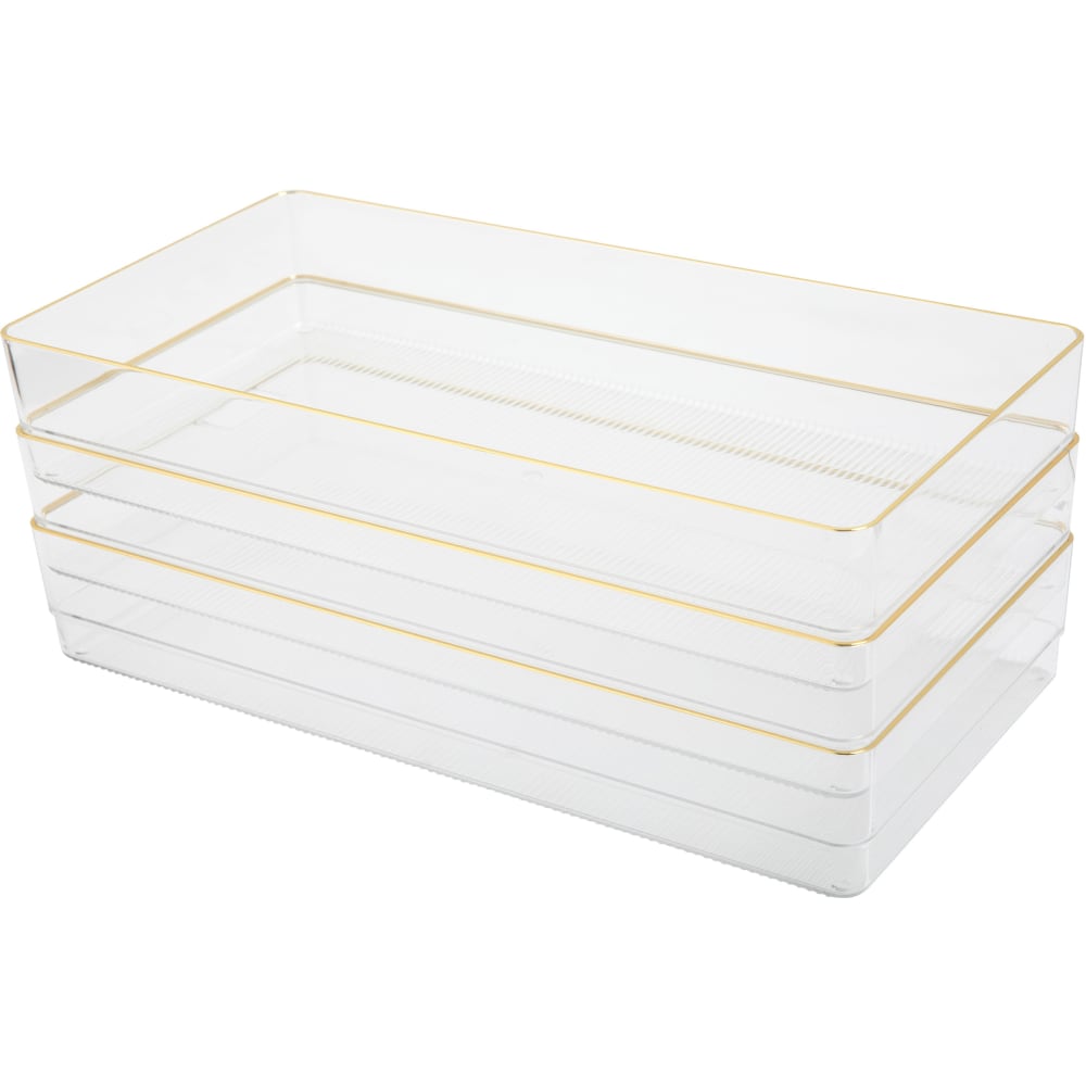 Martha Stewart Kerry Plastic Stackable Office Desk Drawer Organizers, 2inH x 6inW x 12inD, Clear/Gold Trim, Pack Of 3 Organizers MPN:BEPB8973G3CGD