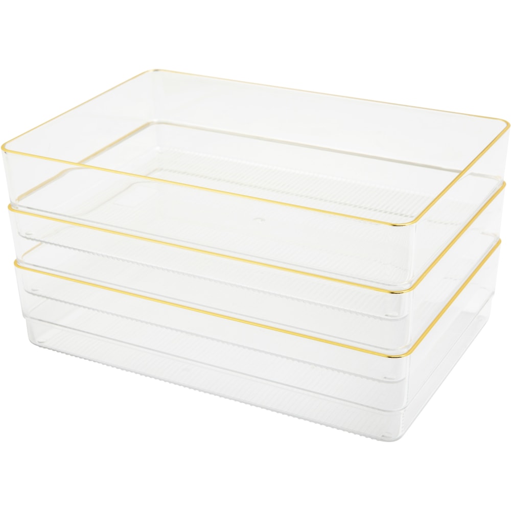 Martha Stewart Kerry Plastic Stackable Office Desk Drawer Organizers, 2inH x 6inW x 9inD, Clear/Gold Trim, Pack Of 3 Organizers MPN:BEPB8974G3CGD