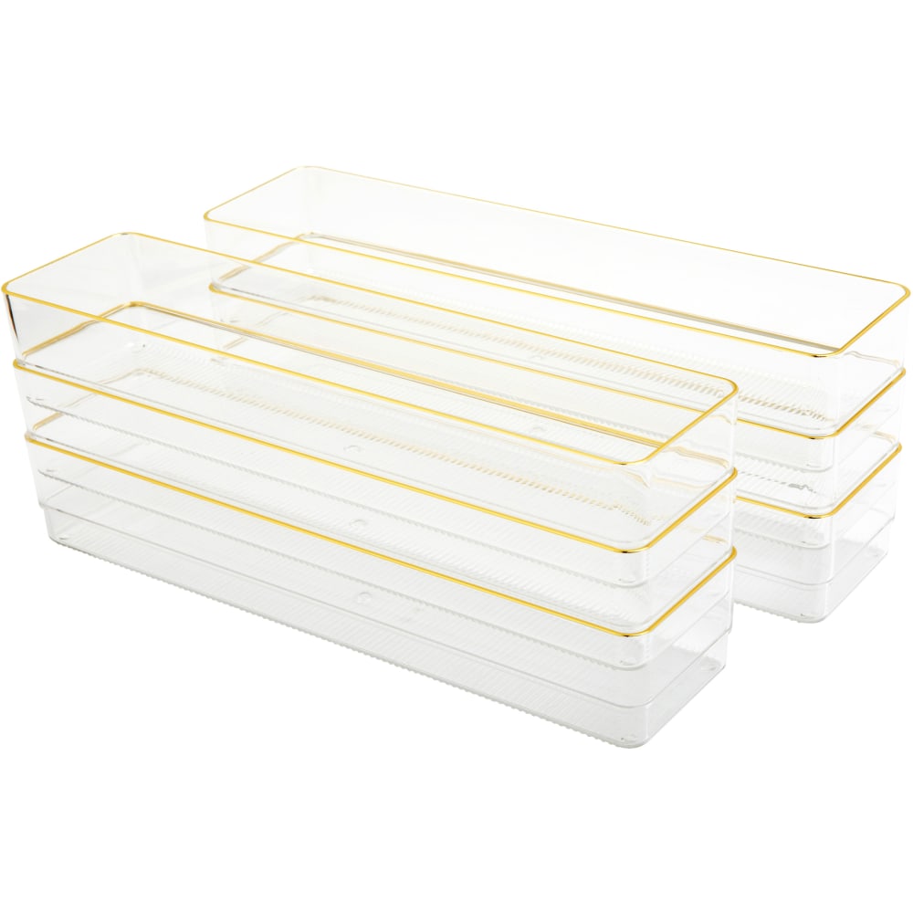 Martha Stewart Kerry Plastic Stackable Office Desk Drawer Organizers, 2inH x 3inW x 12inD, Clear/Gold Trim, Pack Of 6 Organizers MPN:BEPB8975G6CGD