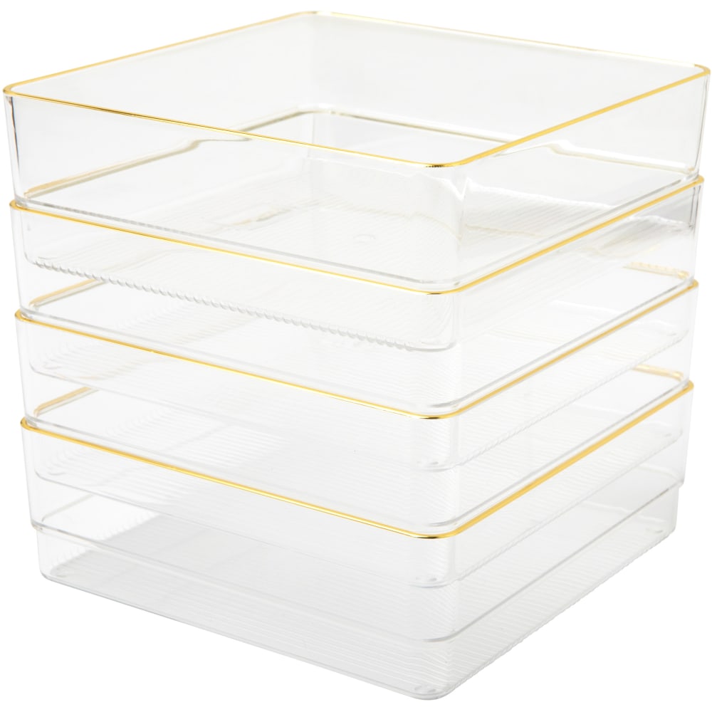 Martha Stewart Kerry Plastic Stackable Office Desk Drawer Organizers, 2inH x 6inW x 6inD, Clear/Gold Trim, Pack Of 4 Organizers MPN:BEPB9049G4CGD