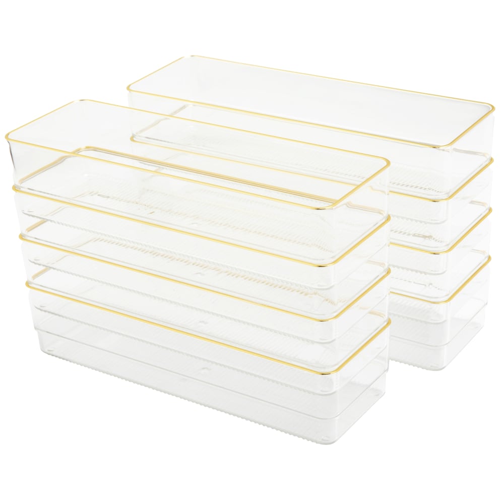 Martha Stewart Kerry Plastic Stackable Office Desk Drawer Organizers, 2inH x 3inW x 9inD, Clear/Gold Trim, Pack Of 8 Organizers MPN:BEPB9050G8CGD
