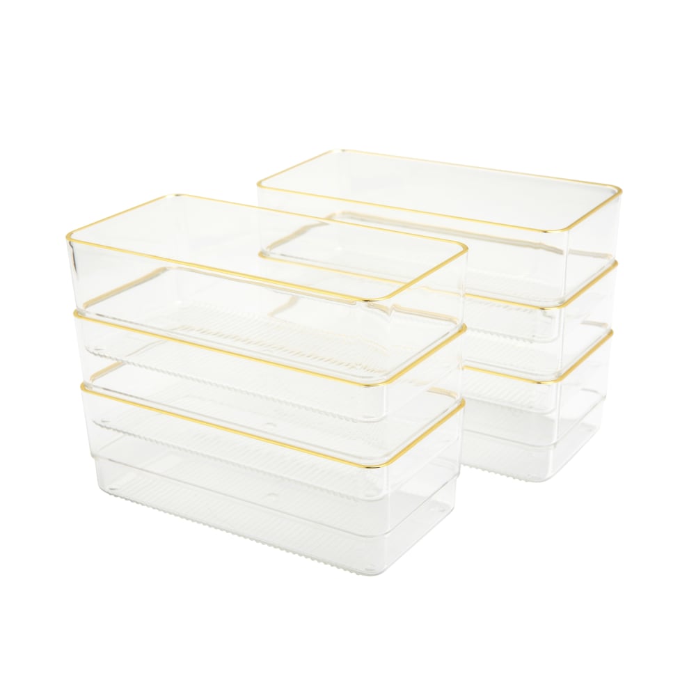 Martha Stewart Kerry Plastic Stackable Office Desk Drawer Organizers, 2inH x 3inW x 6inD, Clear/Gold Trim, Pack Of 6 Organizers MPN:BEPB9051G6CGD