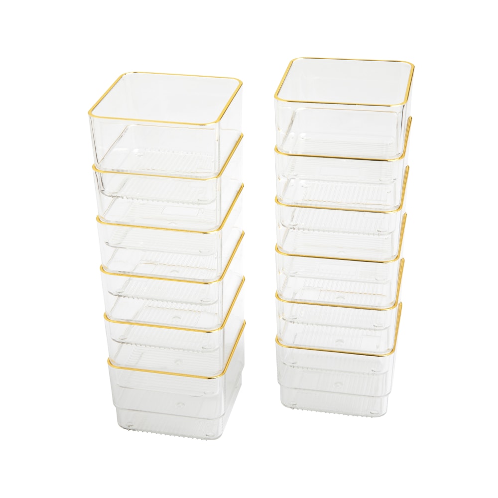 Martha Stewart Kerry Plastic Stackable Office Desk Drawer Organizers, 2inH x 3inW x 3inD, Clear/Gold Trim, Pack Of 12 Organizers MPN:BEPB9052G12CGD