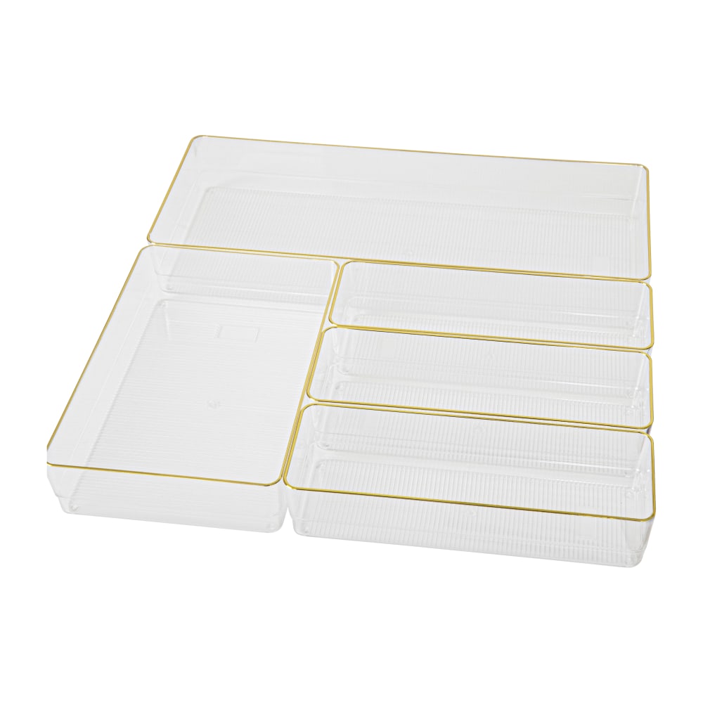 Martha Stewart Kerry Plastic Stackable Office Desk Drawer 5-Piece Organizer Set, Clear/Gold Trim MPN:BEPB9085G5CGD