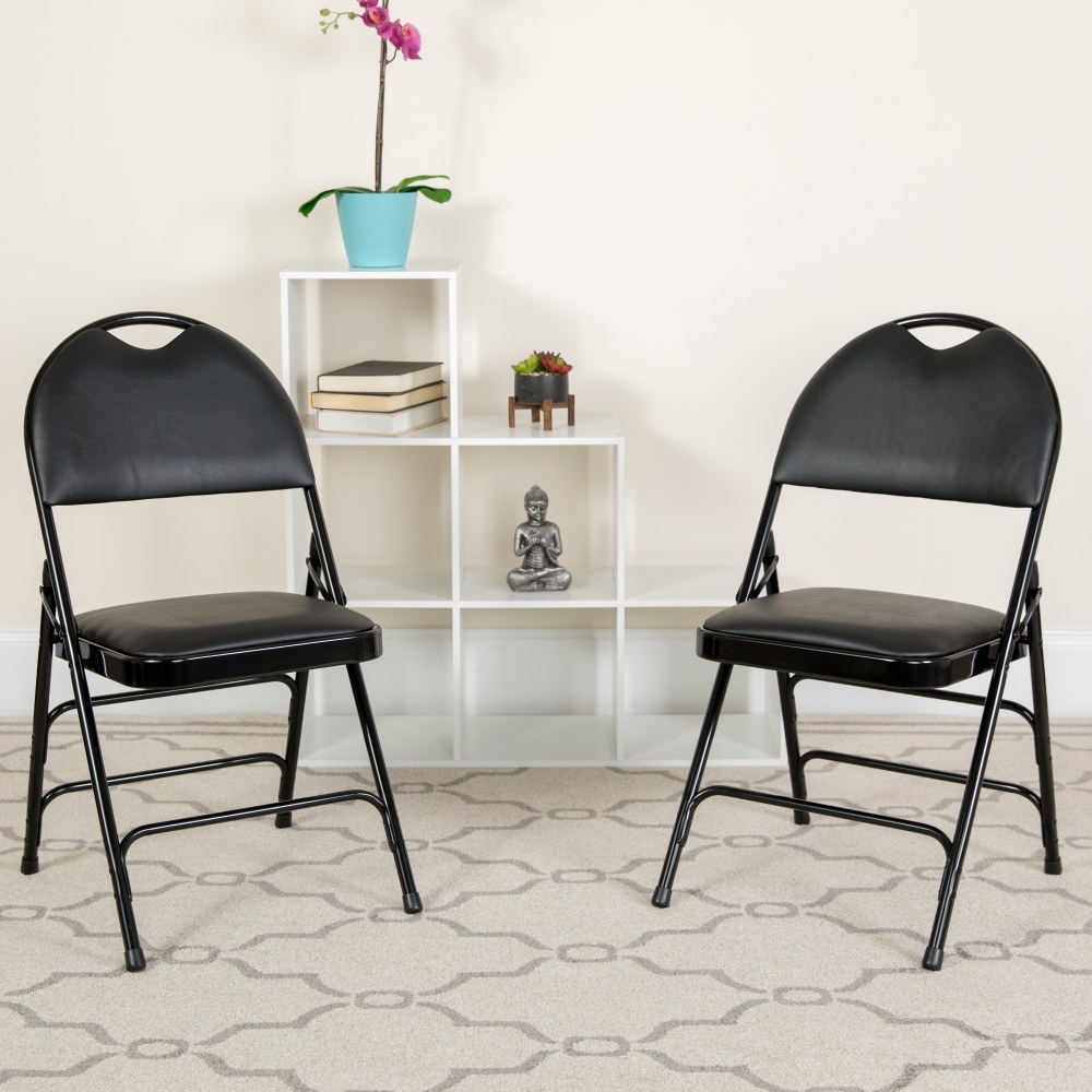 Flash Furniture HERCULES Series Extra-Large Ultra-Premium Triple-Braced Metal/Vinyl Folding Chairs With Easy-Carry Handles, Black, Pack Of 2 Chairs MPN:2HAMC705AV3BK