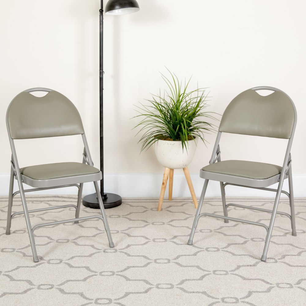 Flash Furniture HERCULES Series Extra-Large Ultra-Premium Triple-Braced Metal/Vinyl Folding Chairs With Easy-Carry Handles, Gray, Pack Of 2 Chairs MPN:2HAMC705AV3GY