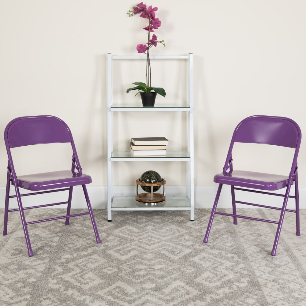 Flash Furniture HERCULES COLORBURST Series Triple-Braced & Double-Hinged Metal Folding Chairs, Impulsive Purple, Pack Of 2 Chairs MPN:2HF3PUR
