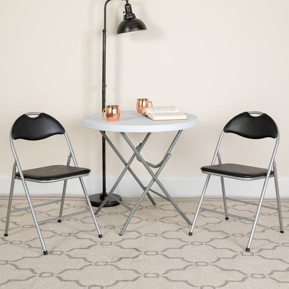 Flash Furniture HERCULES Series Vinyl Metal Folding Chairs With Carrying Handles, Black/Silver, Pack Of 2 Chairs MPN:2YBYJ806H