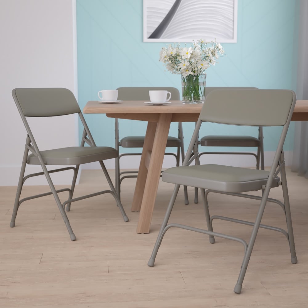 Flash Furniture HERCULES Series Curved Triple-Braced & Double-Hinged Upholstered Metal Folding Chairs, Gray, Set Of 4 Chairs MPN:4HF3MC309AVGY