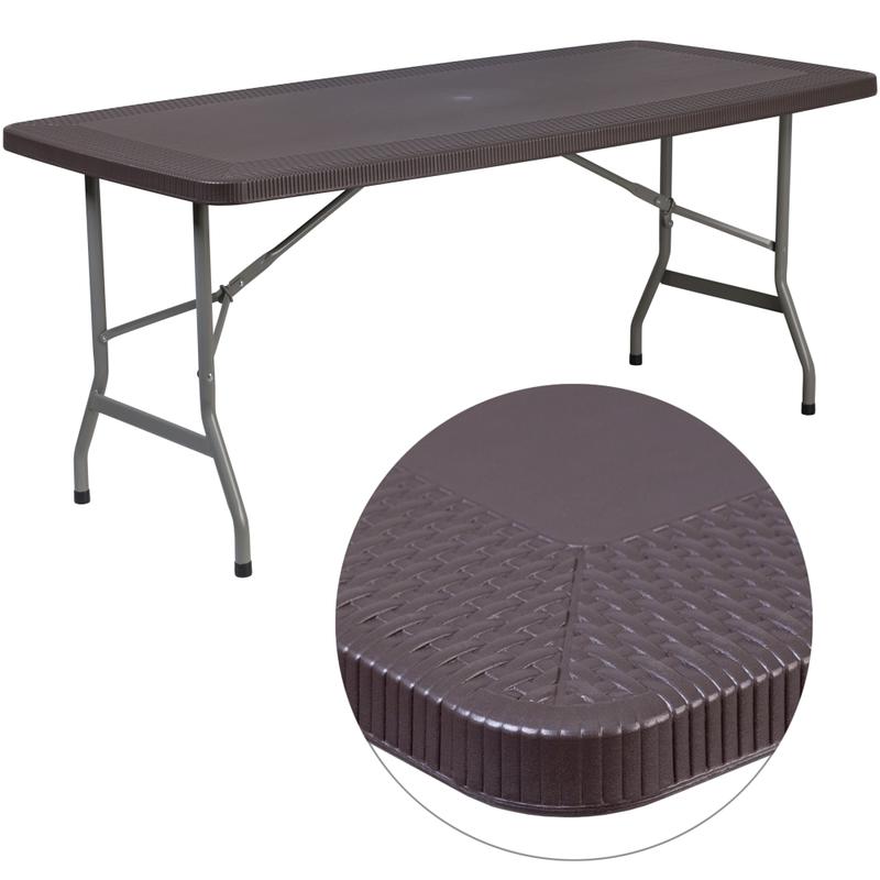 Flash Furniture Rattan Plastic Folding Table, 28-3/4inH x 32-1/2inW x 67-1/2inD, Brown MPN:DADYCZ172