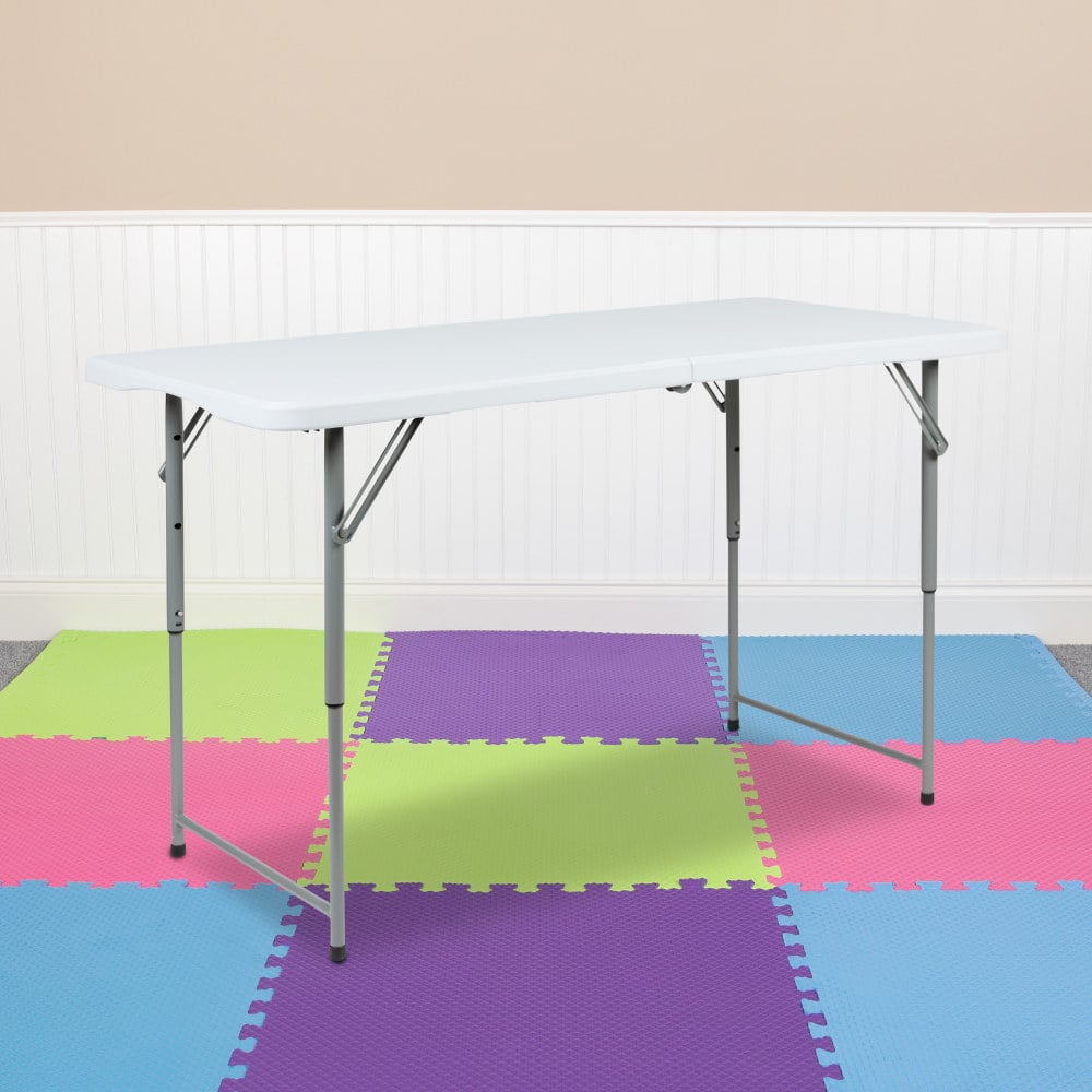 Flash Furniture Height-Adjustable Bi-Fold Plastic Folding Table With Carrying Handle, 29inH x 23-3/4inW x 47-1/2inD, Granite White MPN:RB2448ADJ2