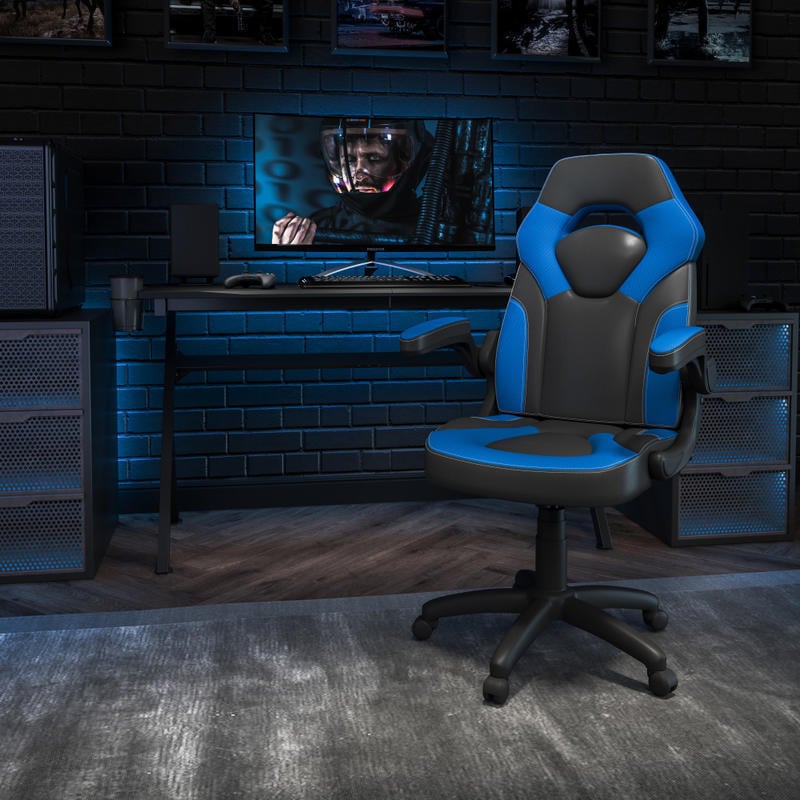 Flash Furniture X10 Ergonomic LeatherSoft Faux Leather High-Back Racing Gaming Chair With Flip-Up Arms, Blue/Black MPN:CH00095BL