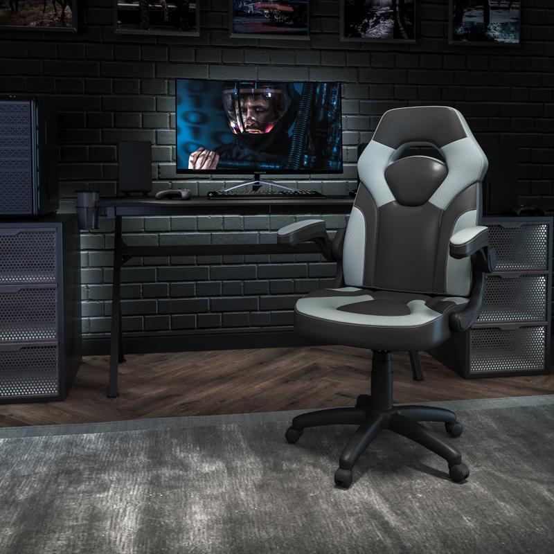 Flash Furniture X10 Ergonomic LeatherSoft Faux Leather High-Back Racing Gaming Chair With Flip-Up Arms, Gray/Black MPN:CH00095GY