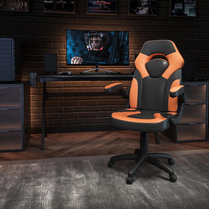 Flash Furniture X10 Ergonomic LeatherSoft Faux Leather High-Back Racing Gaming Chair With Flip-Up Arms, Orange/Black MPN:CH00095OR