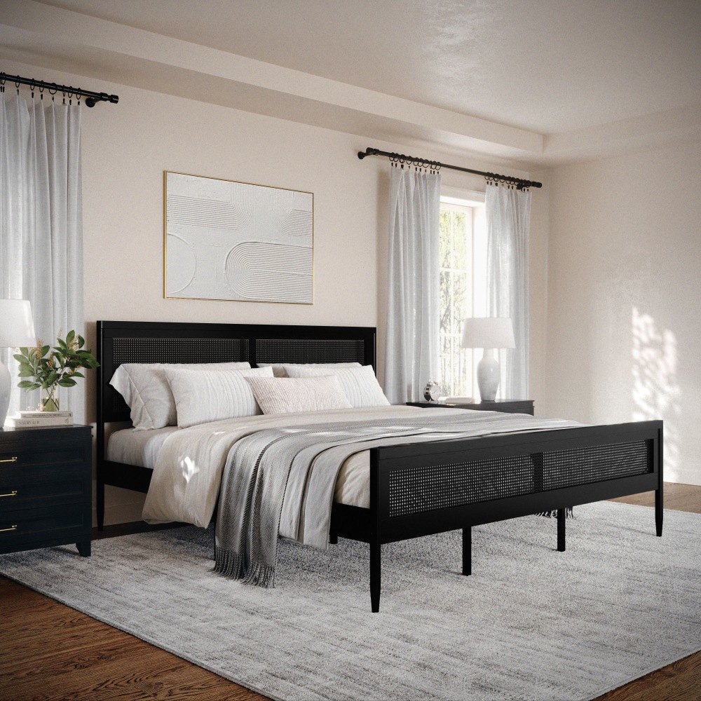 Flash Furniture Martha Stewart Jax Solid Wood Platform Bed with Rattan Headboard and Footboard, No Box Spring Required, Black, King MPN:MG090022KBK