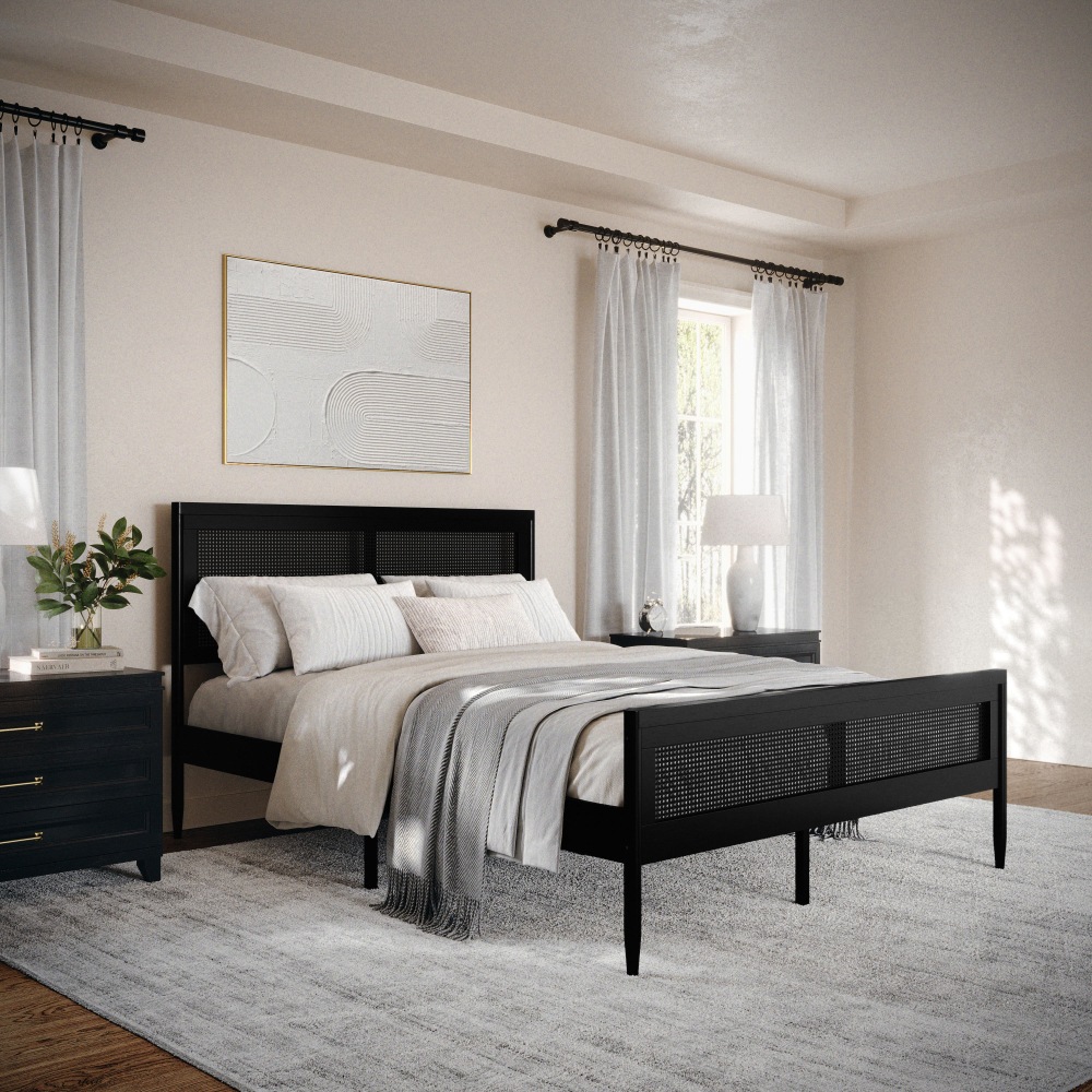 Flash Furniture Martha Stewart Jax Solid Wood Platform Bed with Rattan Headboard and Footboard, No Box Spring Required, Black, Queen MPN:MG090022QBK
