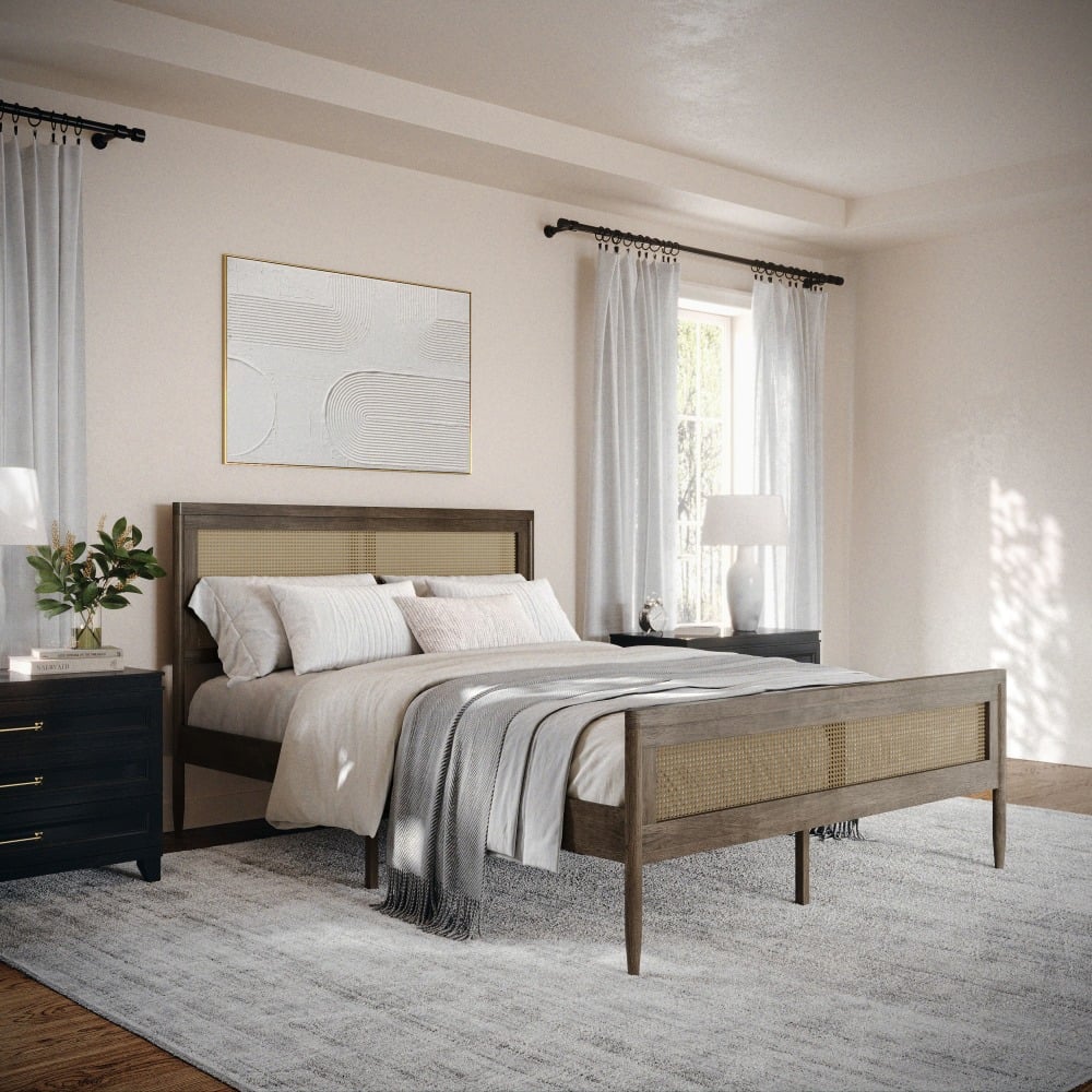 Flash Furniture Martha Stewart Jax Solid Wood Platform Bed with Rattan Headboard and Footboard, No Box Spring Required, Brown Gray, Queen MPN:MG090022QWOAK