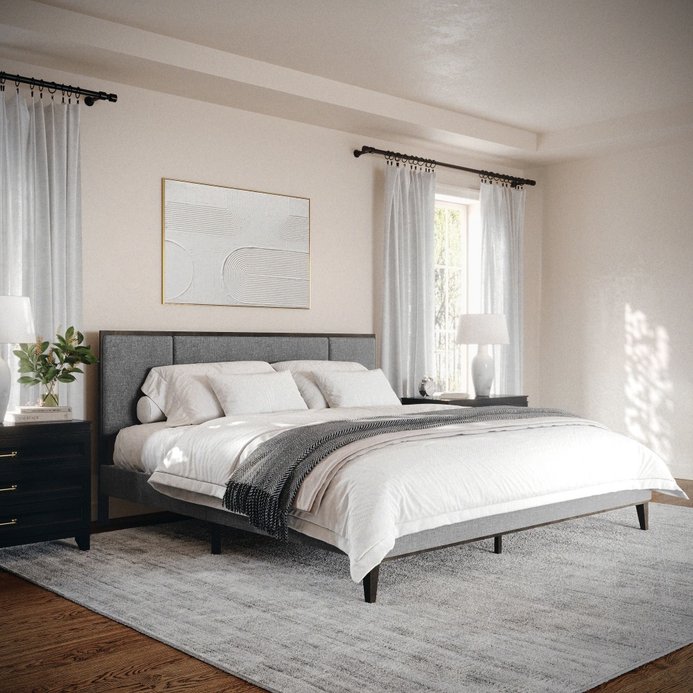 Martha Stewart Jett Solid Wood Platform Bed with Upholstered Base and Inset Paneled Headboard - MG0900271FKBNGY MPN:MG0900271FKBNGY