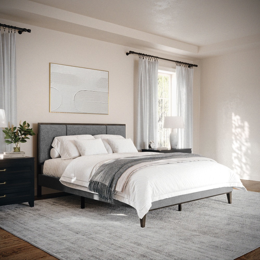 Martha Stewart Jett Solid Wood Platform Bed with Upholstered Base and Inset Paneled Headboard - MG0900271FQBNGY MPN:MG0900271FQBNGY