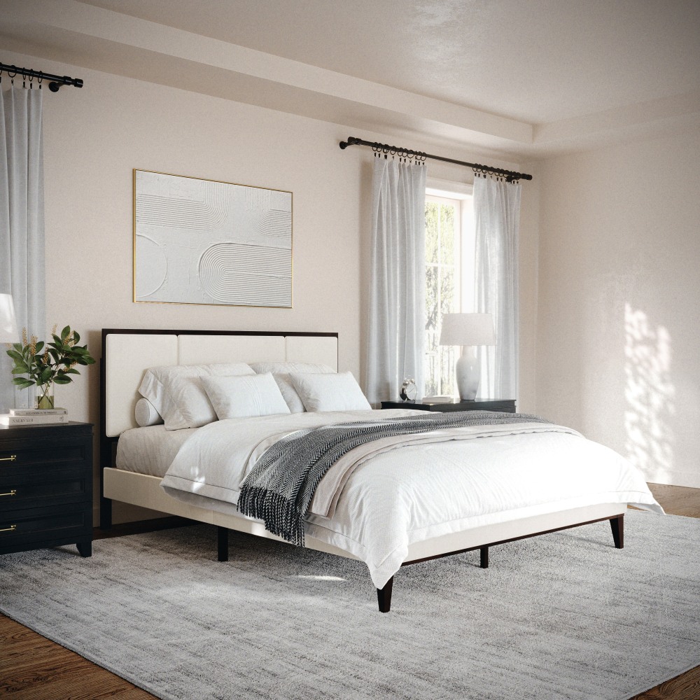 Martha Stewart Jett Solid Wood Platform Bed with Upholstered Base and Inset Paneled Headboard - MG0900271FQDKBN MPN:MG0900271FQDKBN