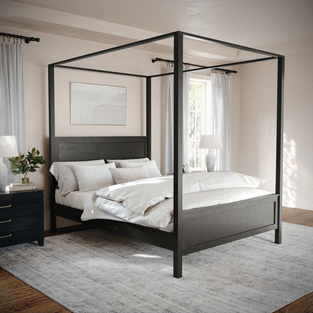 Flash Furniture Martha Stewart Hayes Solid Wood Canopy Platform Bed with Wood Headboard and Footboard, No Box Spring Needed, Dark Gray, Queen MPN:MG90025CQDG