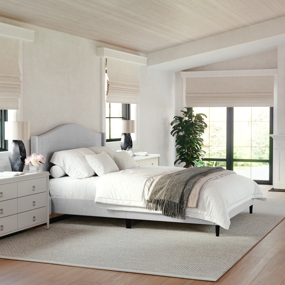 Martha Stewart Amelia Upholstered Platform Bed with Curved Headboard and Cushioned Siderails - TW3WDB02BQGY MPN:TW3WDB02BQGY