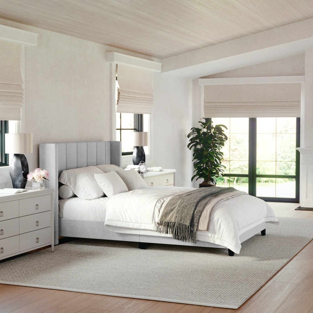 Martha Stewart Kay Upholstered Platform Bed with Channel Stitched Wingback Headboard and Cushioned Siderails - TW3WDB03BFGY MPN:TW3WDB03BFGY