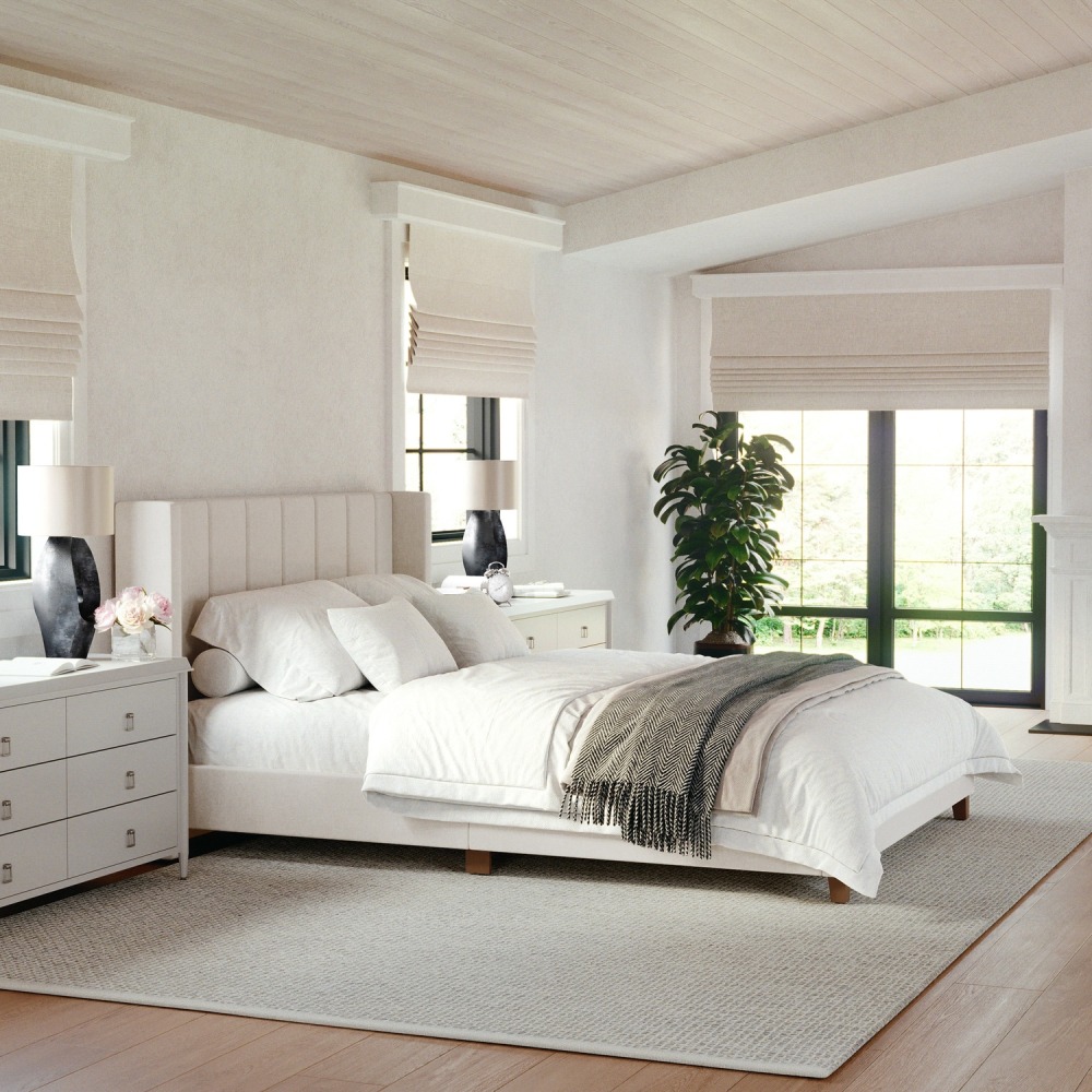 Martha Stewart Kay Upholstered Platform Bed with Channel Stitched Wingback Headboard and Cushioned Siderails - TW3WDB03BQBG MPN:TW3WDB03BQBG