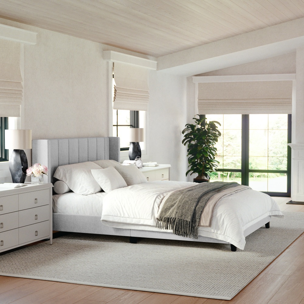 Martha Stewart Kay Upholstered Platform Bed with Channel Stitched Wingback Headboard and Cushioned Siderails - TW3WDB03BQGY MPN:TW3WDB03BQGY