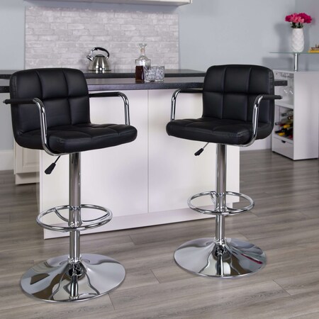 Black Quilted Vinyl Adjustable Height Barstool, Arms, Chrome Base, PK2 MPN:2-CH-102029-BK-GG