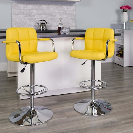 Yellow Quilted Vinyl Adjustable Height Barstool, Arms, Chrome Base, PK2 MPN:2-CH-102029-YEL-GG